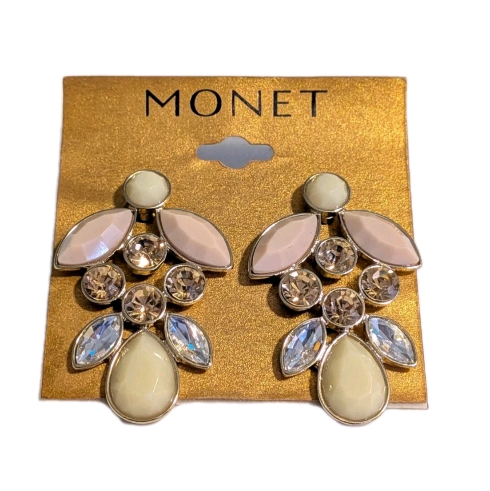 Monet Gold Dangle Statement Earrings Pierced Ears Pink Multiple